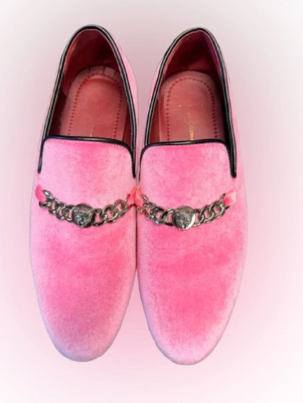 Pink Velvet Chain Loafers Smoking Slippers Lion Medallion Dress Shoes Men’s 8.5